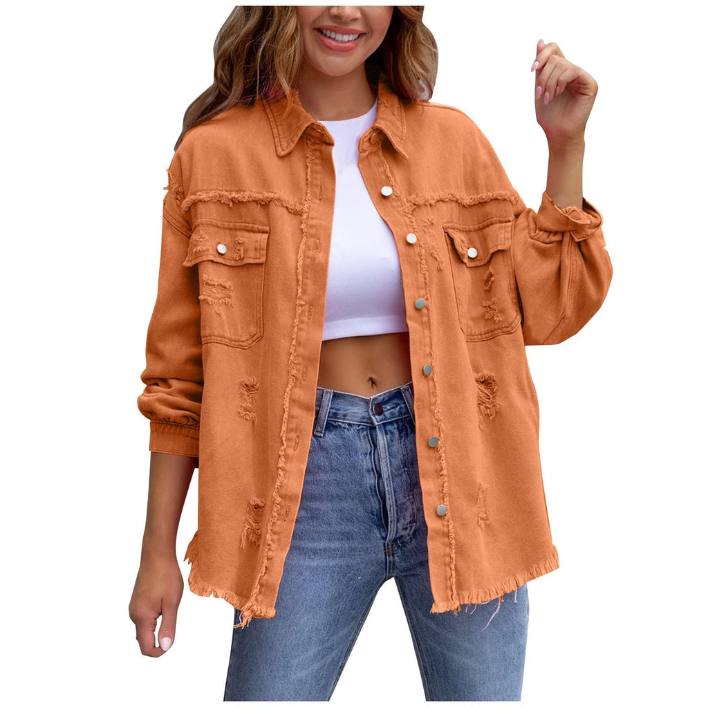 Women's Oversized Jean Jacket – Classic Lapel Button-Up Frayed Hem Denim Coat Everyday Wonders