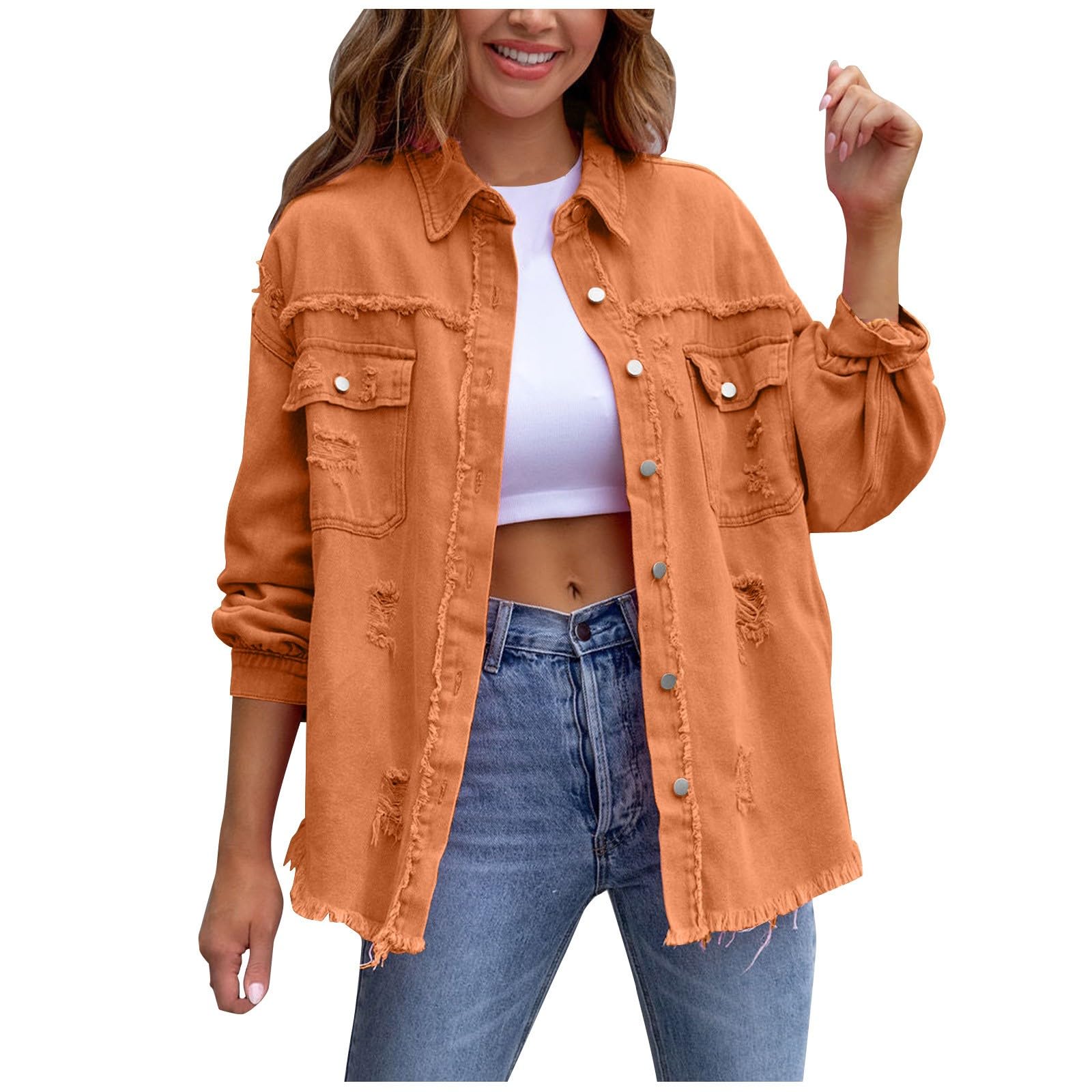 Women's Oversized Jean Jacket – Classic Lapel Button-Up Frayed Hem Denim Coat Everyday Wonders