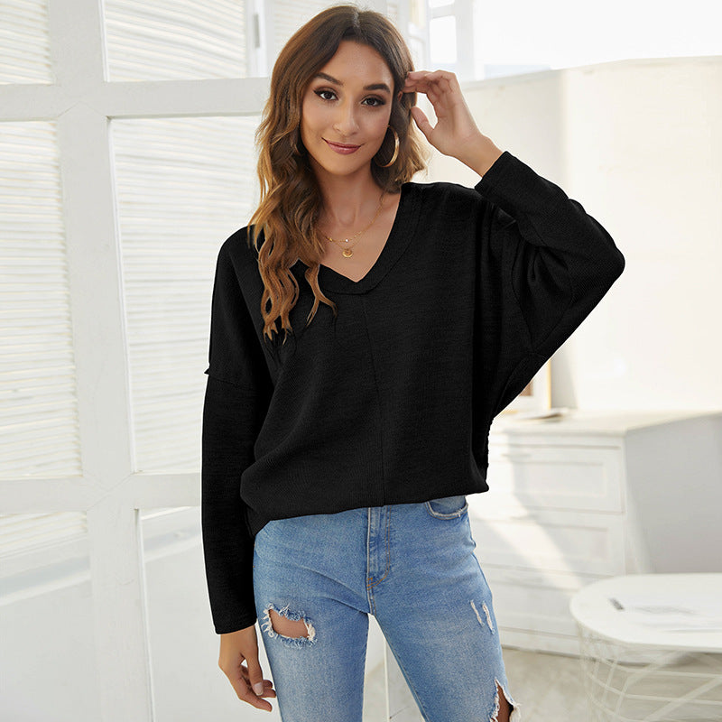 Padded Sweater with Loose V-neck and Drop Shoulders Everyday Wonders
