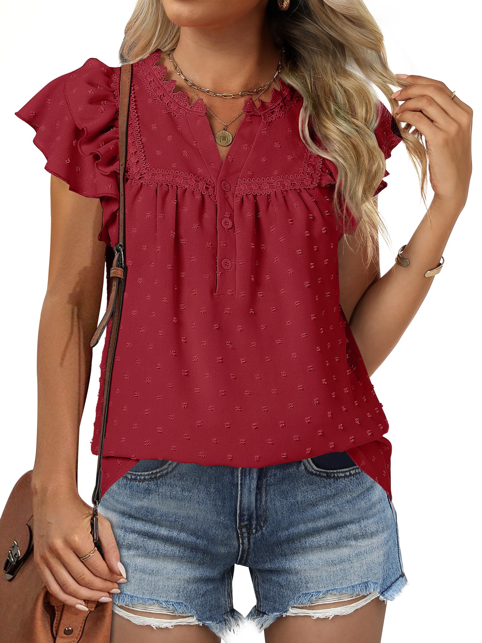 Women's Swiss Dot Chiffon Blouse – V-Neck Ruffle Short Sleeve Button Top Everyday Wonders
