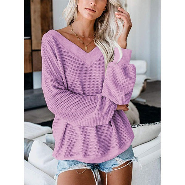 Loose V-Neck Knit Sweater with Plaid Design Everyday Wonders