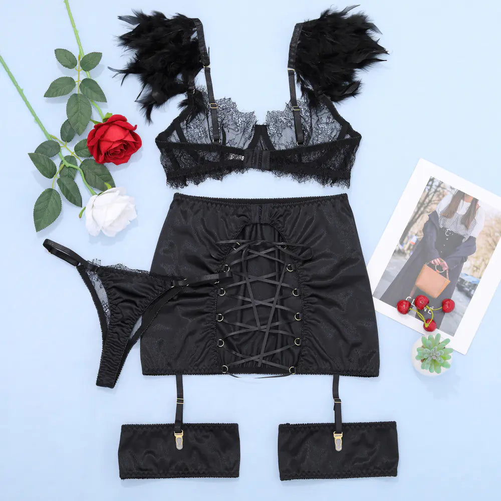 Lingerie Red Feather Lace Garter Belt Set for Women