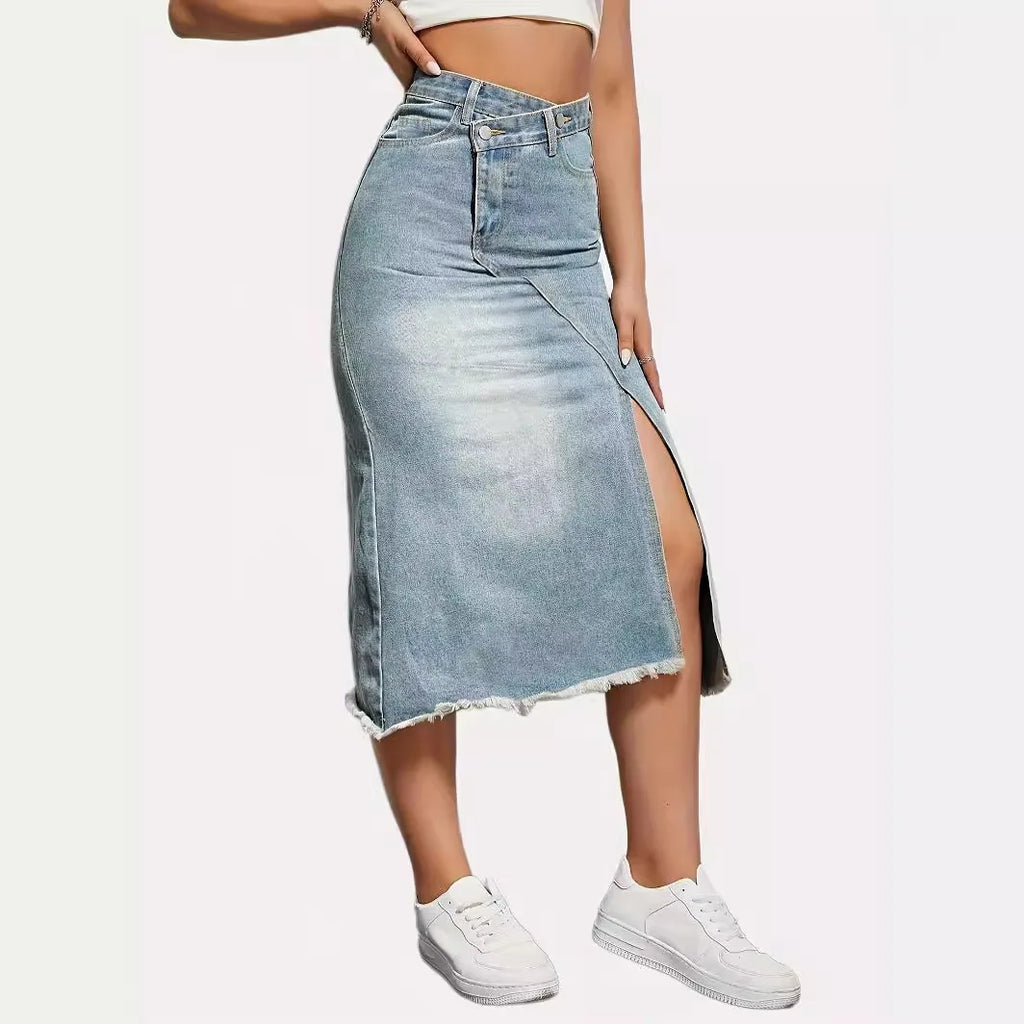 2026 Long Skirt Women Denim Skirts Split High Waist Distressed Washed Button Pockets Summer Punk Streetwear Y2k Vintage A Line