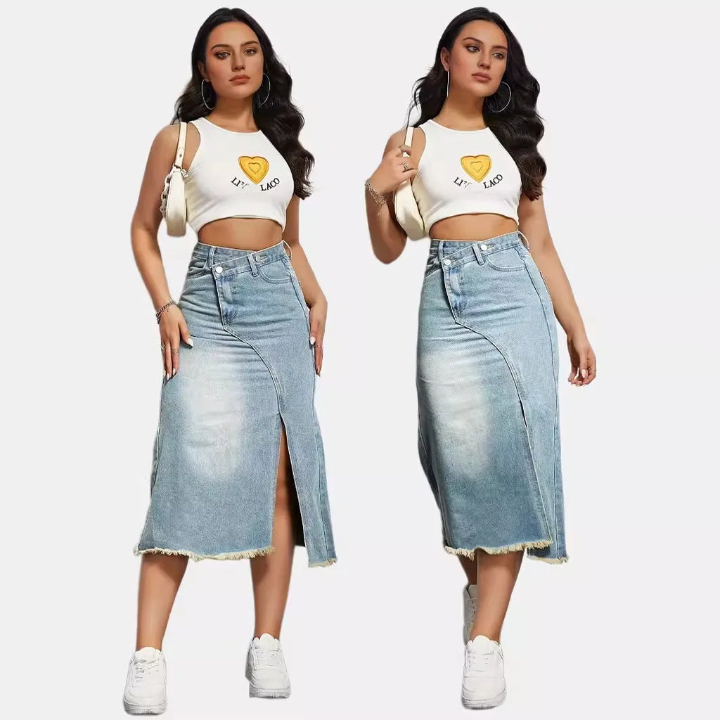 2026 Long Skirt Women Denim Skirts Split High Waist Distressed Washed Button Pockets Summer Punk Streetwear Y2k Vintage A Line