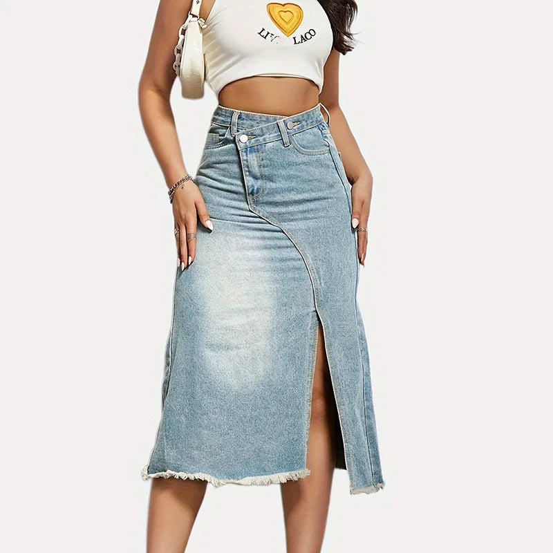 2026 Long Skirt Women Denim Skirts Split High Waist Distressed Washed Button Pockets Summer Punk Streetwear Y2k Vintage A Line