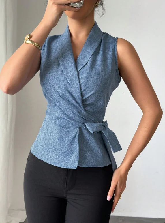 European and American fashion waist cinching tie up lapel shirt vest
