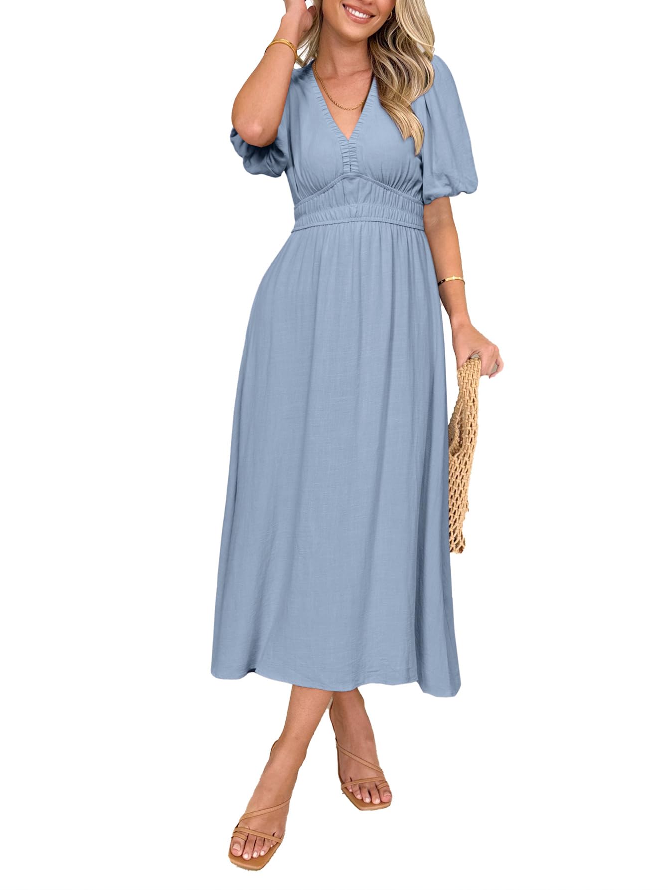 Women's Boho Linen Maxi Dress – V-Neck Puff Sleeve Beach & Wedding Guest Dress Everyday Wonders