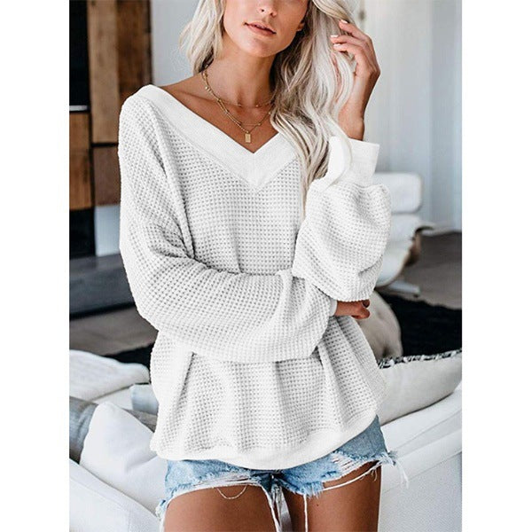 Loose V-Neck Knit Sweater with Plaid Design Everyday Wonders