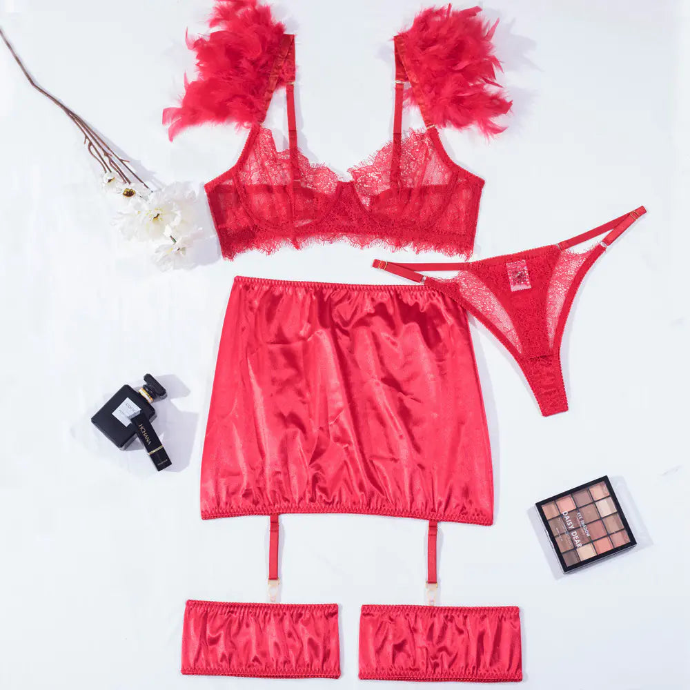 Lingerie Red Feather Lace Garter Belt Set for Women