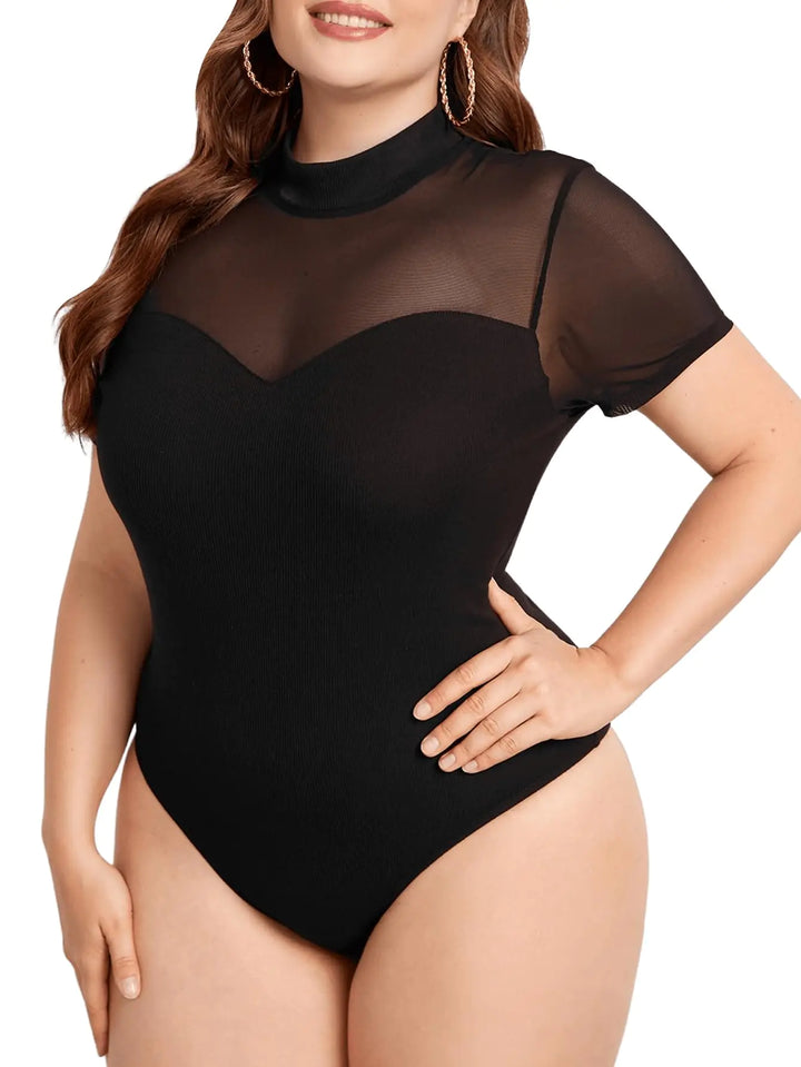 Cut Out Sheer Mesh Bodysuit Short Sleeve