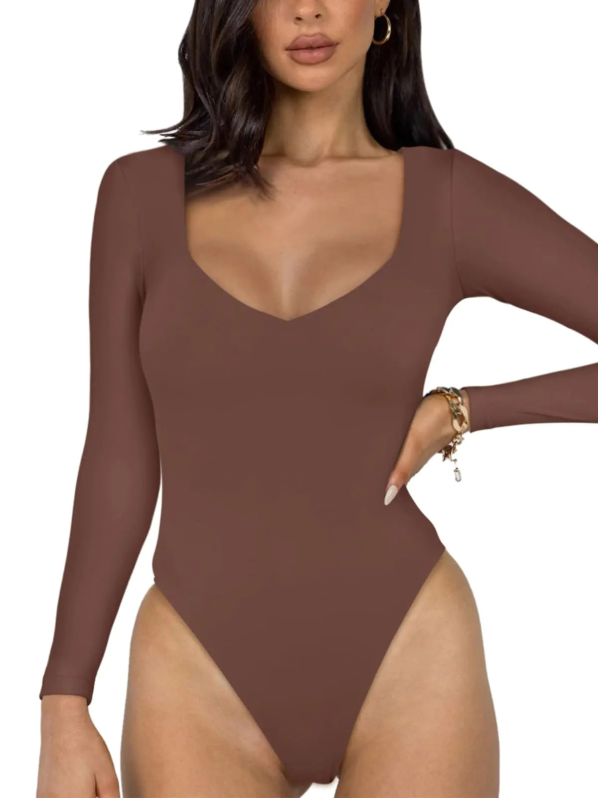 V Neck Long Sleeve Body Suits Double Lined
